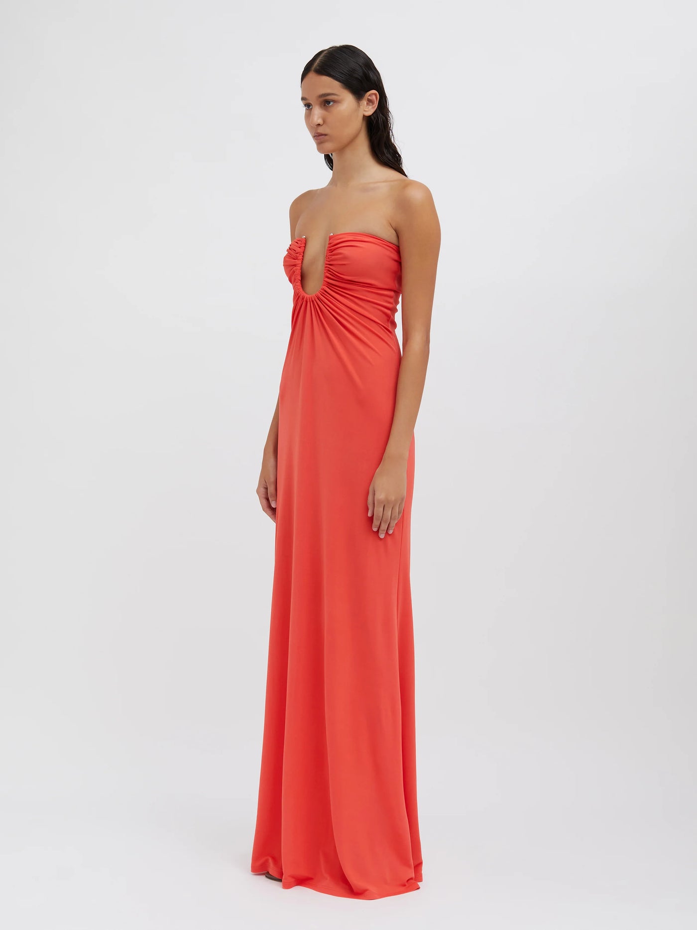 Arced Palm Strapless Dress (Grapefruit)