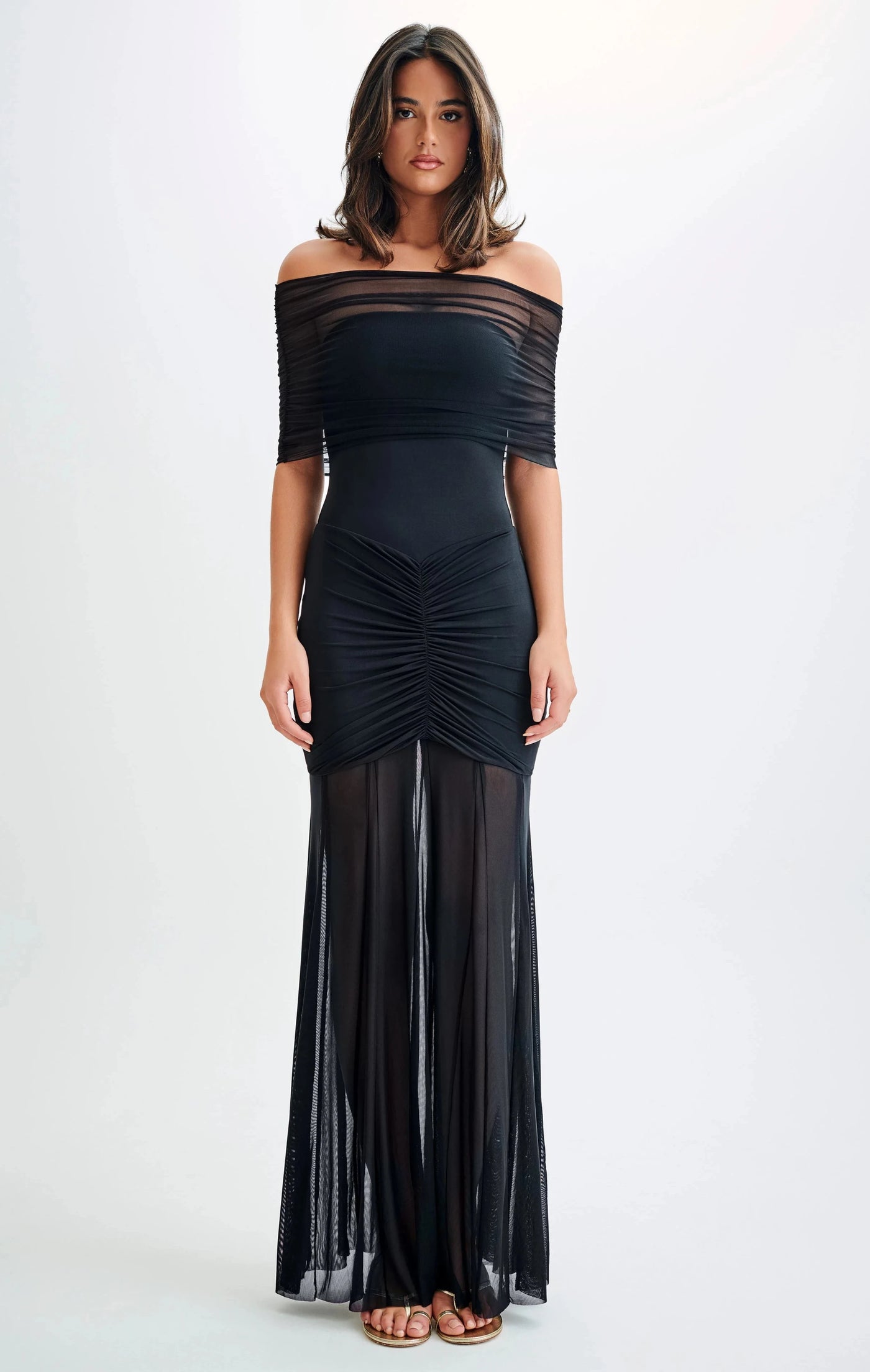 Caspian Slinky And Mesh Off Shoulder Maxi Dress (Black)