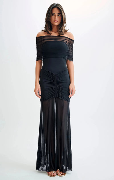 Caspian Slinky And Mesh Off Shoulder Maxi Dress (Black)