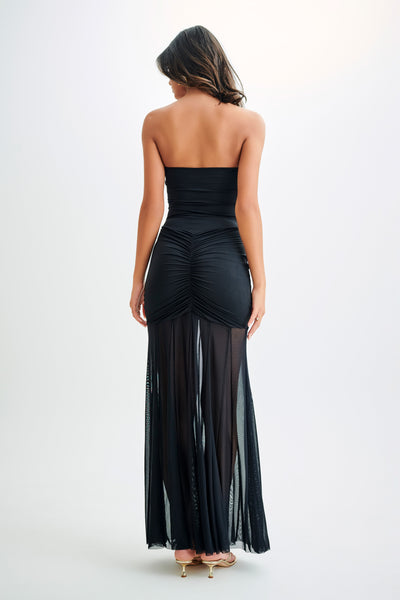 Caspian Slinky And Mesh Off Shoulder Maxi Dress (Black)