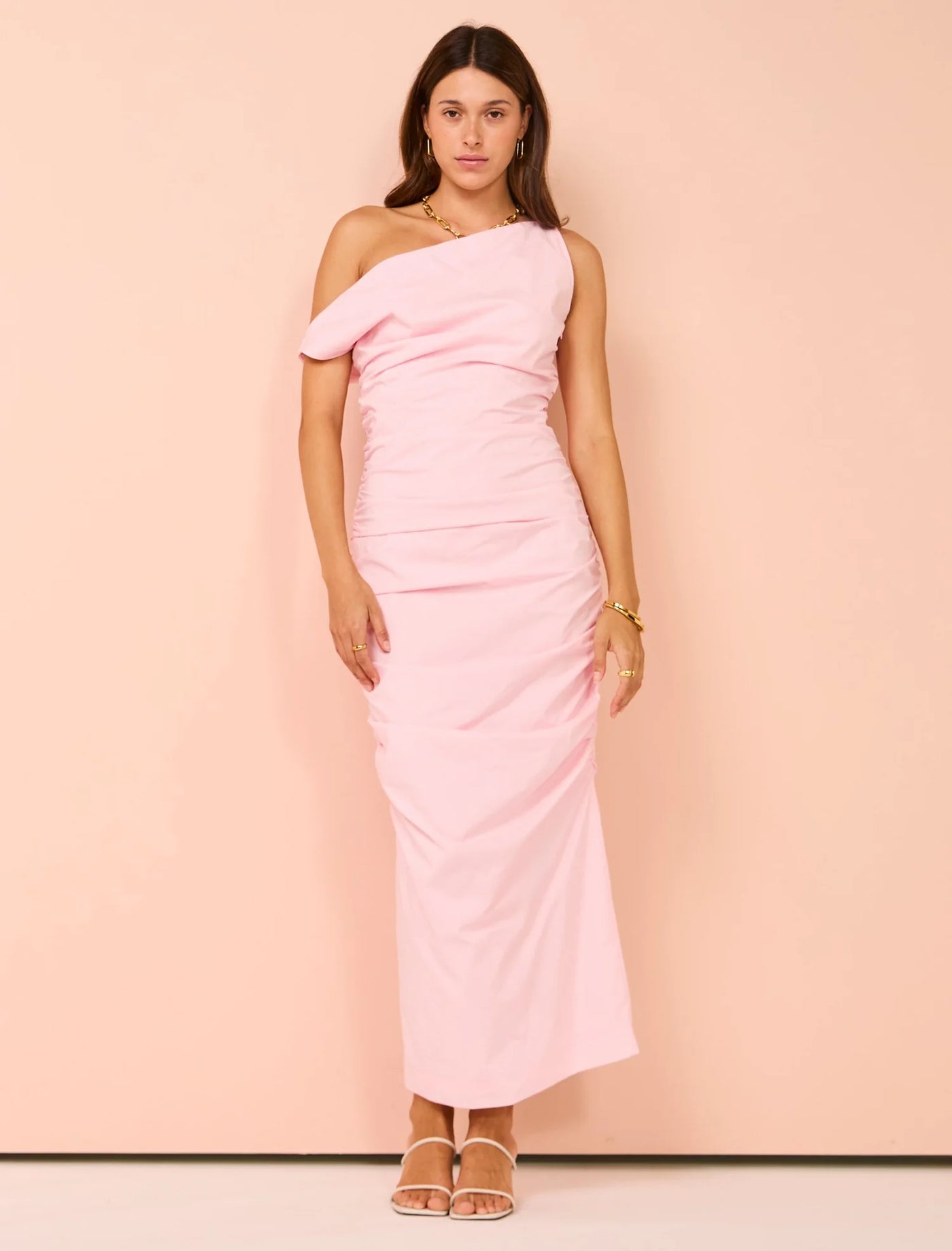 One Shoulder Ruched Midi (Candy Pink)