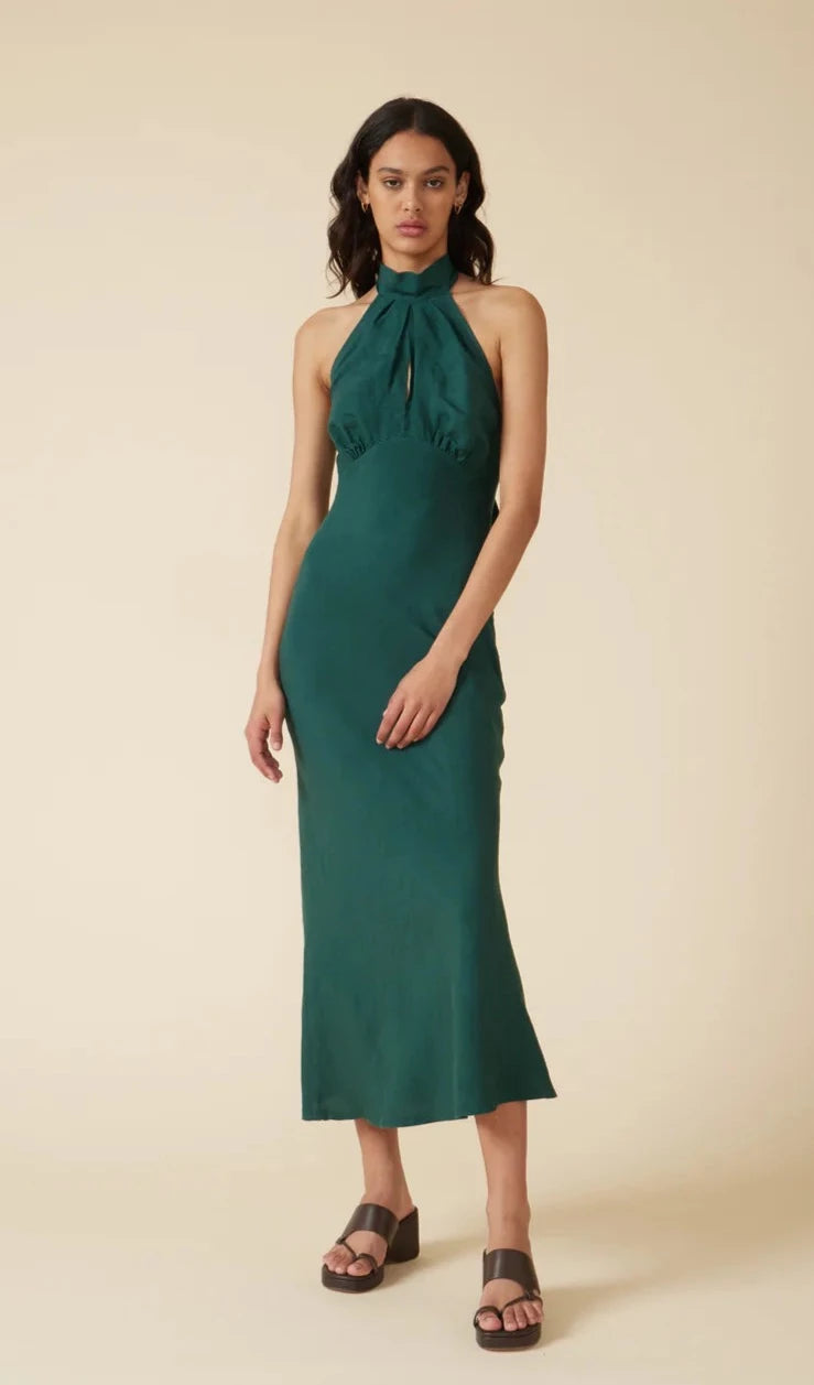 Gigi Linen Halter Dress Emerald